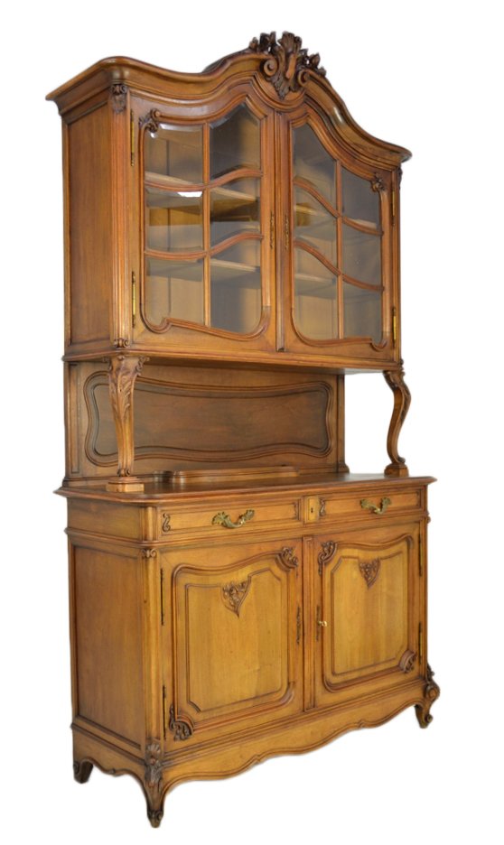 LOUIS XV STYLE CARVED WALNUT BUFFET: LOUIS XV STYLE CARVED WALNUT BUFFET Late 19th/ early 20th Century The base with two drawers over a double door storage area below, with raised panels having scrolling leaf and rose carved accents and 
