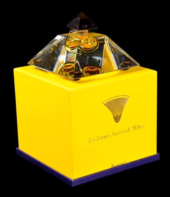 BACCARAT “THEBES” CRYSTAL PERFUME BOTTLE: BACCARAT “THEBES” CRYSTAL PERFUME BOTTLE France, 1998. “Les Larmes Sacrées de Thèbes” (Sacred Tears of Thebes) is one of three limited edition perfumes and bottles created for the year 2000;