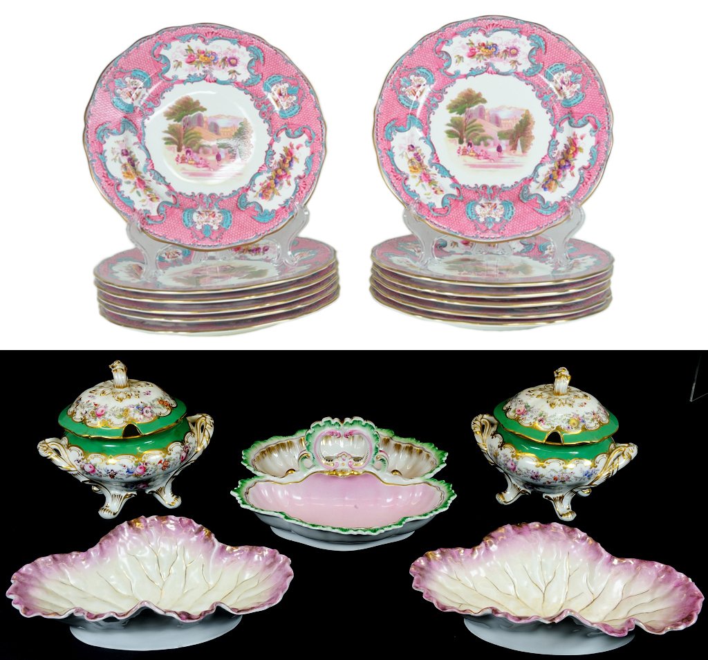 A SET OF 12 SPODE COPELAND'S CHINA PICTORIAL PLATES: A SET OF 12 SPODE COPELAND'S CHINA PICTORIAL PLATES 1st quarter 19th Century “Spode's Queen Mary” (Pink/Blue), pattern no. R4434. Each plate having a wide pink diaper pattern border and white-back
