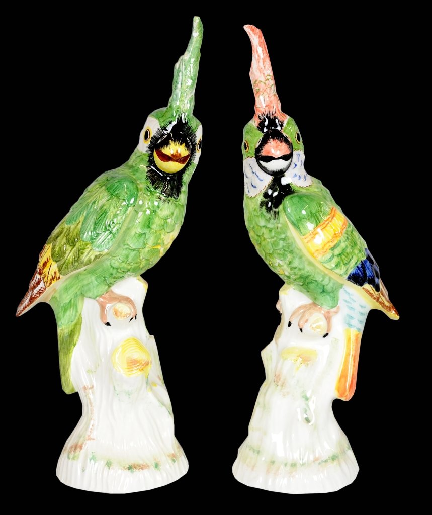 A PAIR OF MOTTAHEDEH PORCELAIN COCKATOOS: A PAIR OF MOTTAHEDEH PORCELAIN COCKATOOS 20th Century, Italy. Each bird depicted perched on a tree stump with its head turned and its crest up. 15 ¾ x 5 x 6 ½ inches.