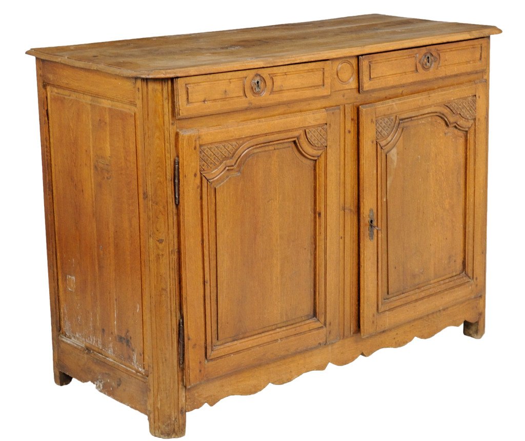 LOUIS XV PROVENCALE STYLE OAK SIDEBOARD: LOUIS XV PROVENCALE STYLE OAK SIDEBOARD Late 18th-early 19th Century Panel construction, shaped and molded raised panel doors with incise carved corner decoration and line work. 39½ x 53½ x 23½ inc