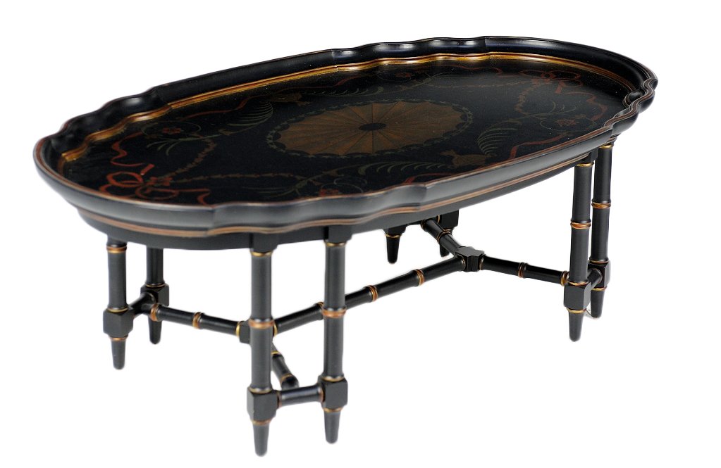 A FAUX BAMBOO COCKTAIL TRAY TABLE: A FAUX BAMBOO COCKTAIL TRAY TABLE 20th Century The turned wood base represents bamboo with an ebonized and gilt accent finish. The shaped and scalloped tray top with Adam style decorative paint. 20½ 