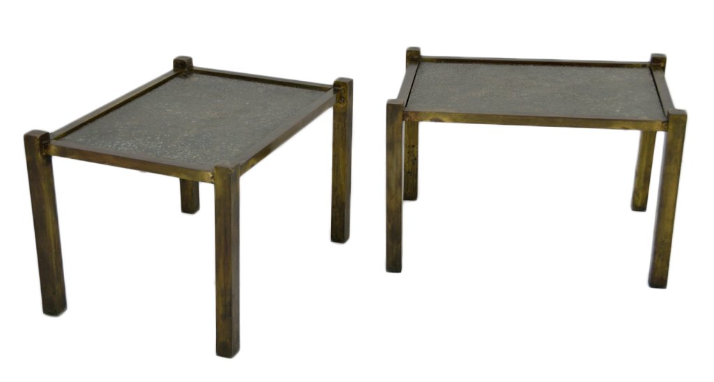 A PAIR OF CUSTOM BRONZE TABLES WITH REPOUSSE TOPS: A PAIR OF CUSTOM BRONZE TABLES WITH REPOUSSE TOPS 3rd quarter 20th Century Straight leg rectangular frames with inset repousse tops. 17 x 26 x 19 inches