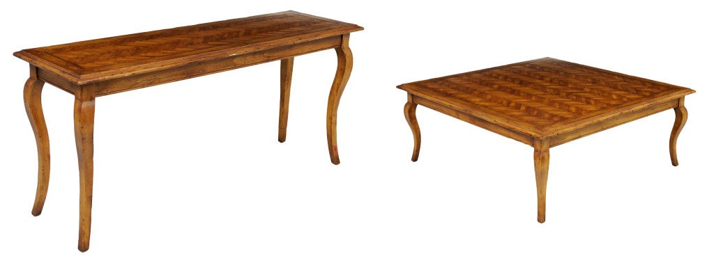 TWO COUNTRY FRENCH HERRINGBONE OAK TABLES: TWO COUNTRY FRENCH HERRINGBONE OAK TABLES 20th Century Console table and square cocktail table, soft cabriole legs with herringbone parquetry tops, honey tone finish. Sofa table: 27½ x 60 x 18 inches