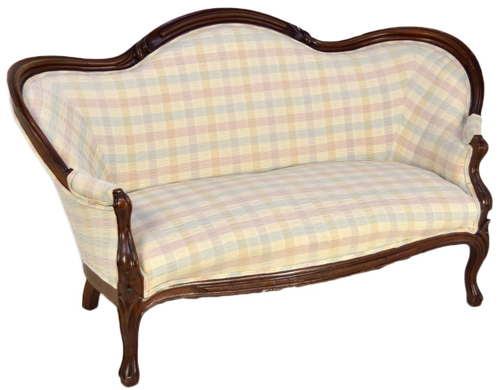 A SMALL SCALE VICTORIAN SETTEE: A SMALL SCALE VICTORIAN SETTEE 19th Century Arching serpentine back with wrapping arm frame raised on cabriole legs. 43 x 59 x 28 inches