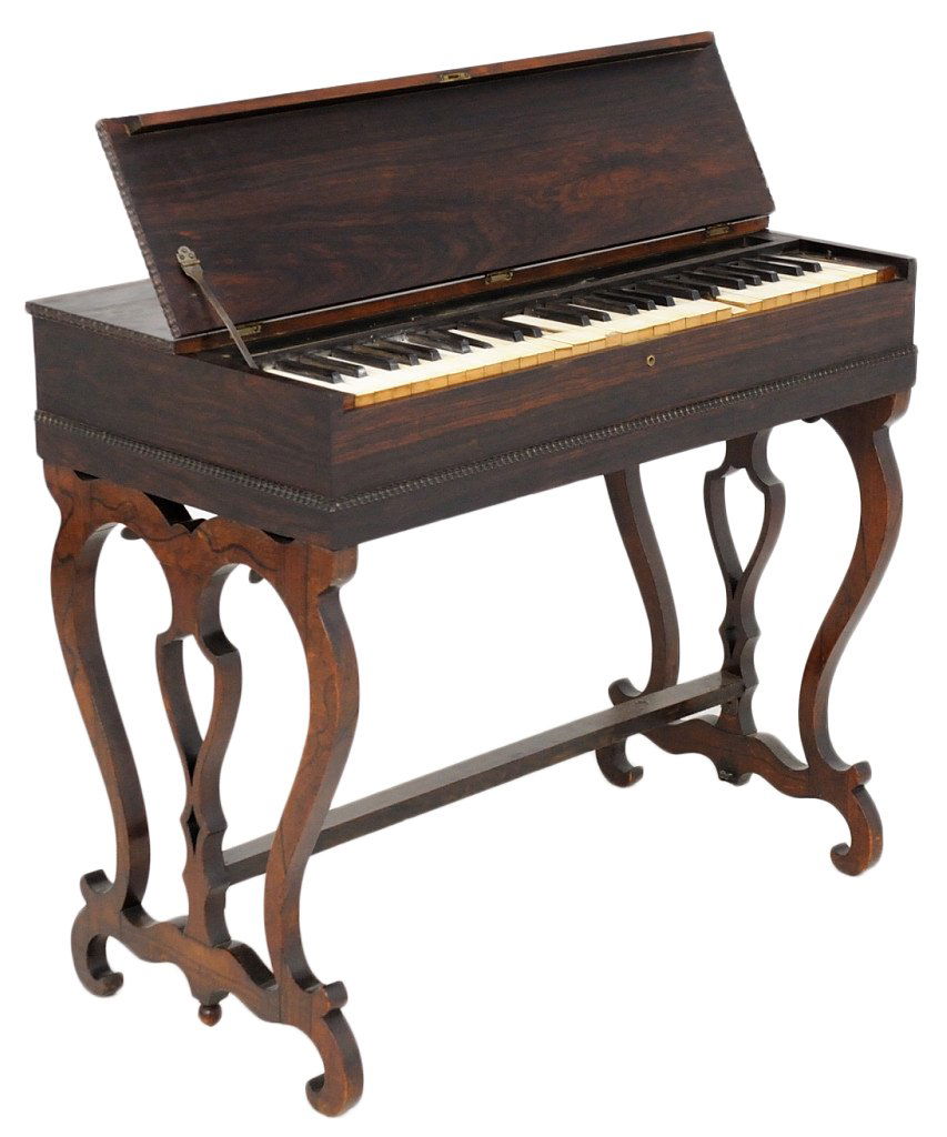 SCARCE ANTIQUE AMERICAN FIGURED ROSEWOOD MELODIAN: SCARCE ANTIQUE AMERICAN FIGURED ROSEWOOD MELODIAN Circa 1855-60 Ivory keys, resting on a trestle base; (missing foot treadle, bellows is ok); Note: This instrument was the forerunner to the organ. Hei
