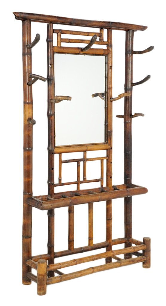 ANTIQUE FRENCH STAINED BAMBOO HALL STAND: ANTIQUE FRENCH STAINED BAMBOO HALL STAND Late 19th Century Mirror at center with umbrella slots and hooks. 79½ x 49 x 11 inches