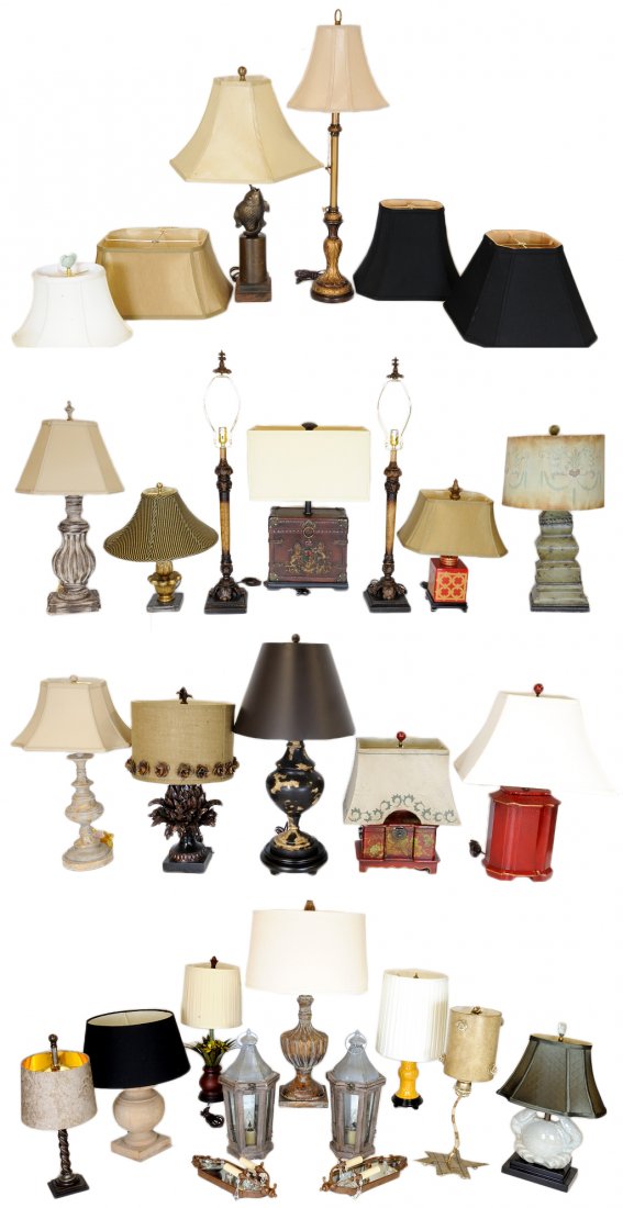 LARGE GROUP OF LAMPS, SHADES, AND LIGHT FIXTURES (: LARGE GROUP OF LAMPS, SHADES, AND LIGHT FIXTURES (30PCS) New Designer Samples 33½ x 17 x 17 inches