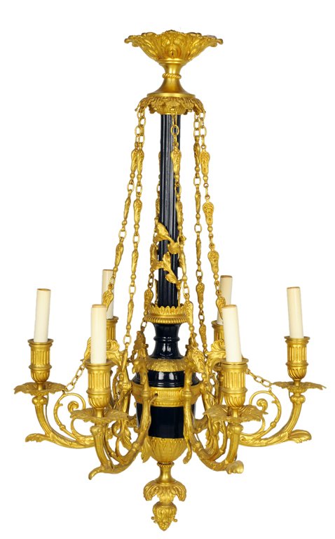 AN ELEGANT LOUIS XVI STYLE ENAMELED AND BRONZE DOR: AN ELEGANT LOUIS XVI STYLE ENAMELED AND BRONZE DORE SIX-LIGHT CHANDELIER Late 19th Century A cast acanthus canopy supports a cast dome which supports six unusual acanthus and ring chains which surroun