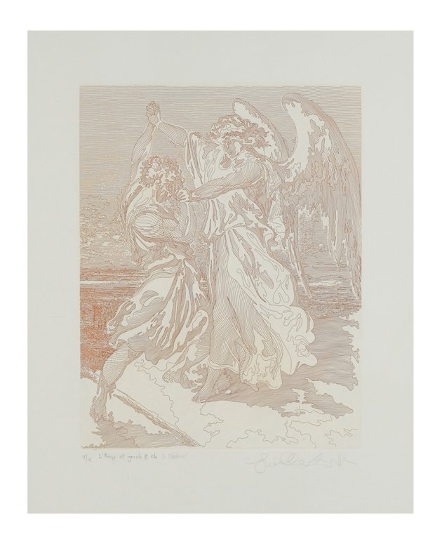 GUILLAUME AZOULAY, Moroccan. b. 1949-., "L'ANGE et: GUILLAUME AZOULAY Moroccan. b. 1949-. ""L'ANGE et JACOB"" Limited edition etching on paper. Signed in pencil lower right. Numbered ""11/15"" and titled lower left in pencil. Copyright 2004 D. Dore. Ve