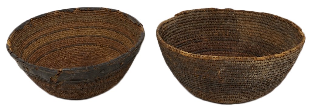 TWO ANTIQUE AFRICAN BASKETRY BOWLS: TWO ANTIQUE AFRICAN BASKETRY BOWLS Probably central or east Africa, early 20th Century Both baskets formed by coiling; one plain and simple, the other with an added leather bottom and a strip around t