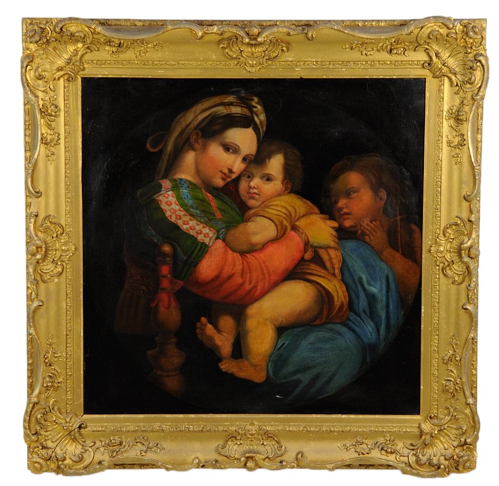 MADONNA DELLA SEDIA AFTER RAPHAEL: MADONNA DELLA SEDIA AFTER RAPHAEL 19th Century The oil on stretched canvas painting is unsigned; a well done copy, with inpainting, restorations and patches. Has been cleaned and relined at some point