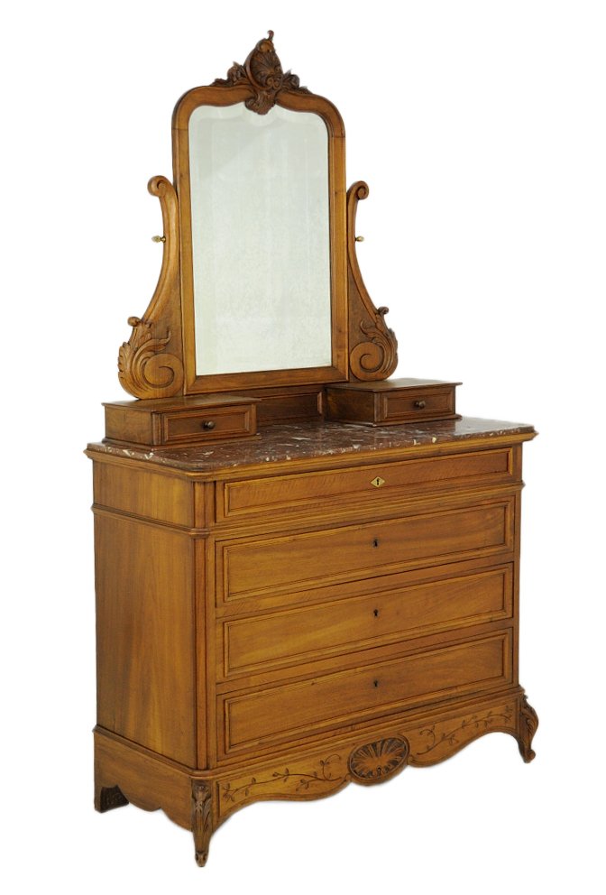 LOUIS XV STYLE CARVED WALNUT COMMODE: LOUIS XV STYLE CARVED WALNUT COMMODE 19th Century A four drawer dressing commode, raised on a scalloped and shaped base with cabriole feet. Marble top, with optional shaped and carved accent mirror wi
