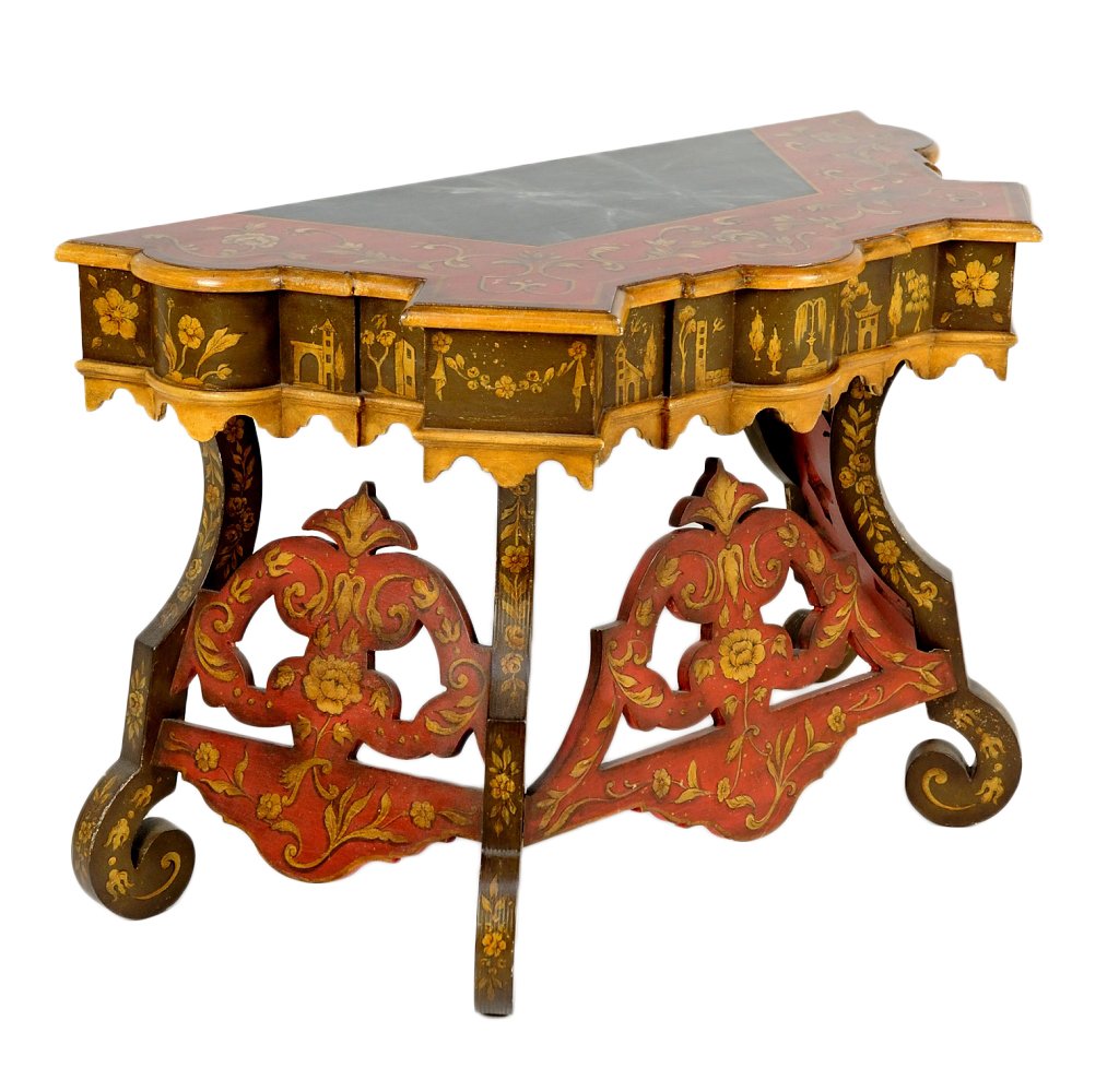 HAND PAINTED SPANISH BAROQUE CONSOLE TABLE: HAND PAINTED SPANISH BAROQUE CONSOLE TABLE 20th Century A very shapely and highly decorative console table with shaped legs and stretchers, handpainted detail. 29½ x 46 x 20½ inches