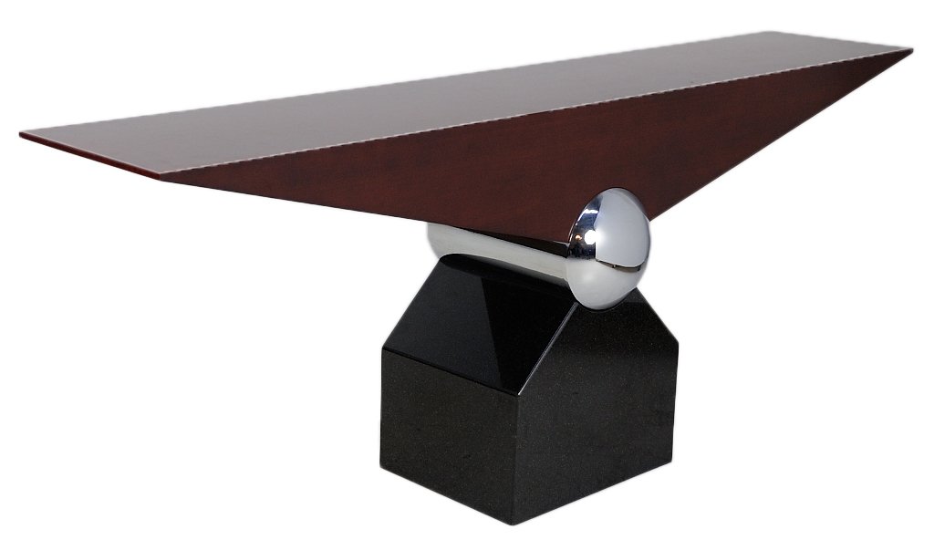 CONTEMPORARY GRANITE STEEL AND MAPLE CONSOLE TABLE: CONTEMPORARY GRANITE STEEL AND MAPLE CONSOLE TABLE 20th Century The black granite veneer base cradles a polished steel cylinder, upon which a an inverted pediment top of stained maple rests. 33 x 85 x