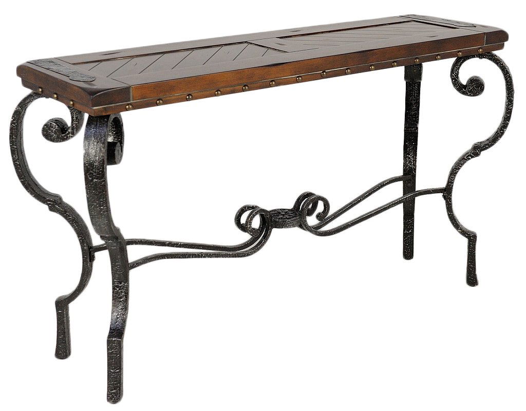 CONTINENTAL STYLE PLANK TOP IRON BASE CONSOLE TABL: CONTINENTAL STYLE PLANK TOP IRON BASE CONSOLE TABLE 20th Century Supporting the nail head accented plank top, is a heavy iron base with four scrolling legs, and matched stretchers, meeting at center w