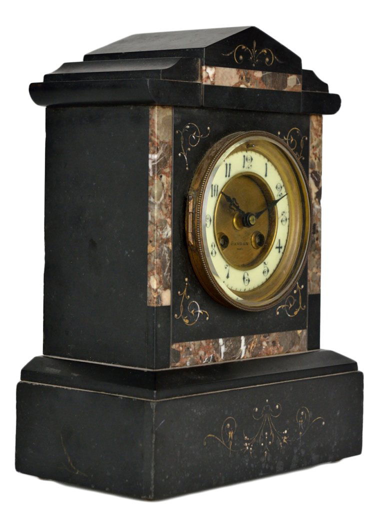 39 A GAYDON BLACK SLATE AND MARBLE MANTEL CLOCK
