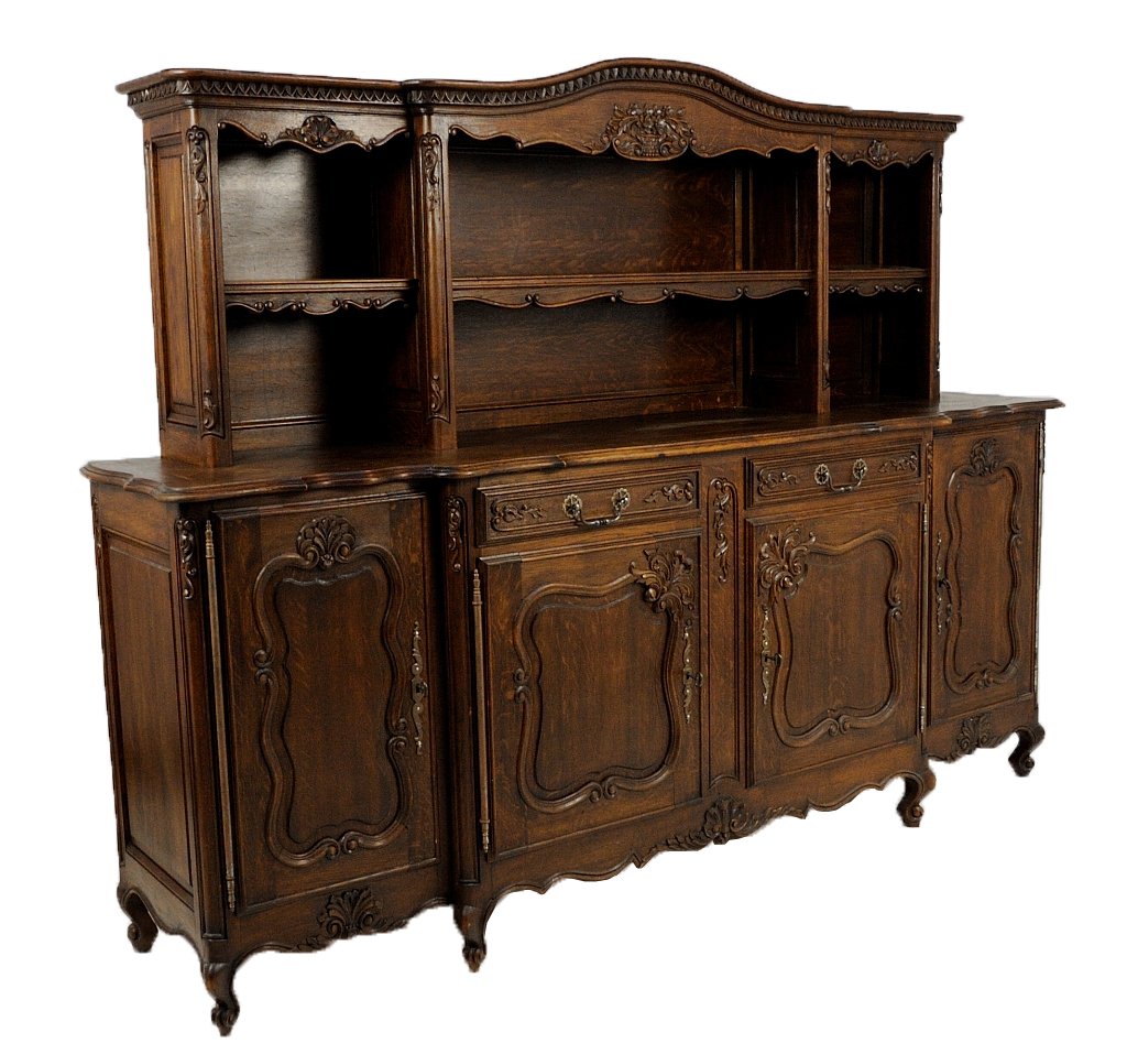 LOUIS XV STYLE BUFFET DU CORPS: LOUIS XV STYLE BUFFET DU CORPS 1st quarter 20th Century Solid oak; The cabinet and shelf deck of raised panel construction with center doors having recessed panels, all doors with scalloped and shaped