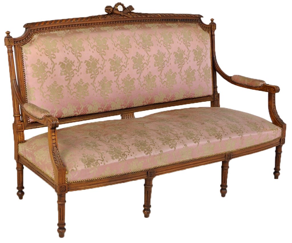 ANTIQUE LOUIS XVI STYLE CARVED WALNUT SETTEE: ANTIQUE LOUIS XVI STYLE CARVED WALNUT SETTEE Late 19th - Early 20th Century The hand carved Louis XVI style walnut frame features turned and carved legs, arms and uprights, all with fluting, gilt high
