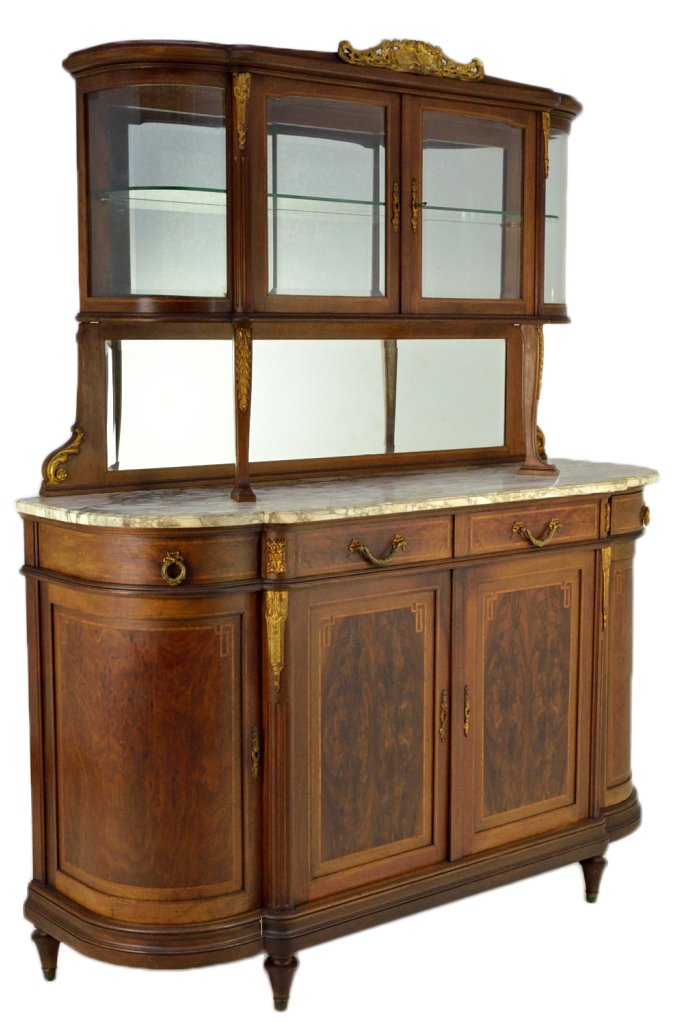 ANTIQUE LOUIS XVI STYLE BUFFET: ANTIQUE LOUIS XVI STYLE BUFFET Early 20th Century The walnut base cabinet of demi lune shape, with two over two center section, flanked by bent wood doors and conforming ""swing out"" drawers. All doo