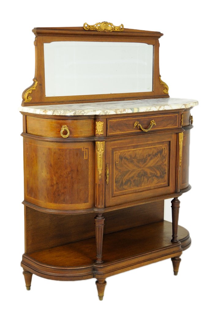 ANTIQUE LOUIS XVI STYLE SIDEBOARD: ANTIQUE LOUIS XVI STYLE SIDEBOARD Early 20th Century The walnut base cabinet of demi lune shape, with single door and drawer center section, flanked by bent wood doors and conforming ""swing out"" dra