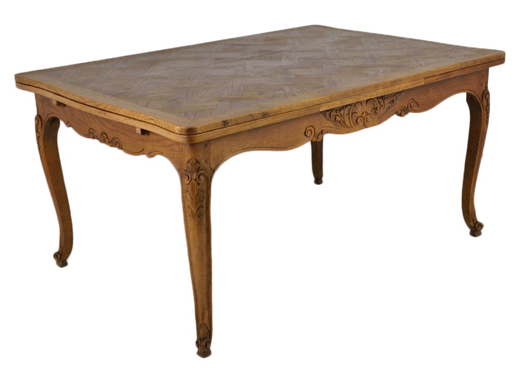 LOUIS XV STYLE DRAW LEAF TABLE: LOUIS XV STYLE DRAW LEAF TABLE 1st quarter 20th Century The table with basket weave parquetry top, is supported on a scalloped and shaped apron with carved detail and pegged frame, the whole raised on