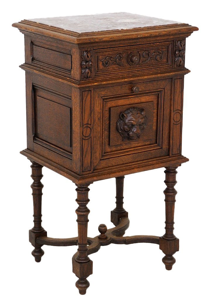 ANTIQUE FRENCH VICTORIAN LAMP TABLE: ANTIQUE FRENCH VICTORIAN LAMP TABLE 19th Century Solid Walnut; A single door and drawer box cabinet with inset marble top, raised on turned spindle and block legs, a Louis XIII style X stretcher with