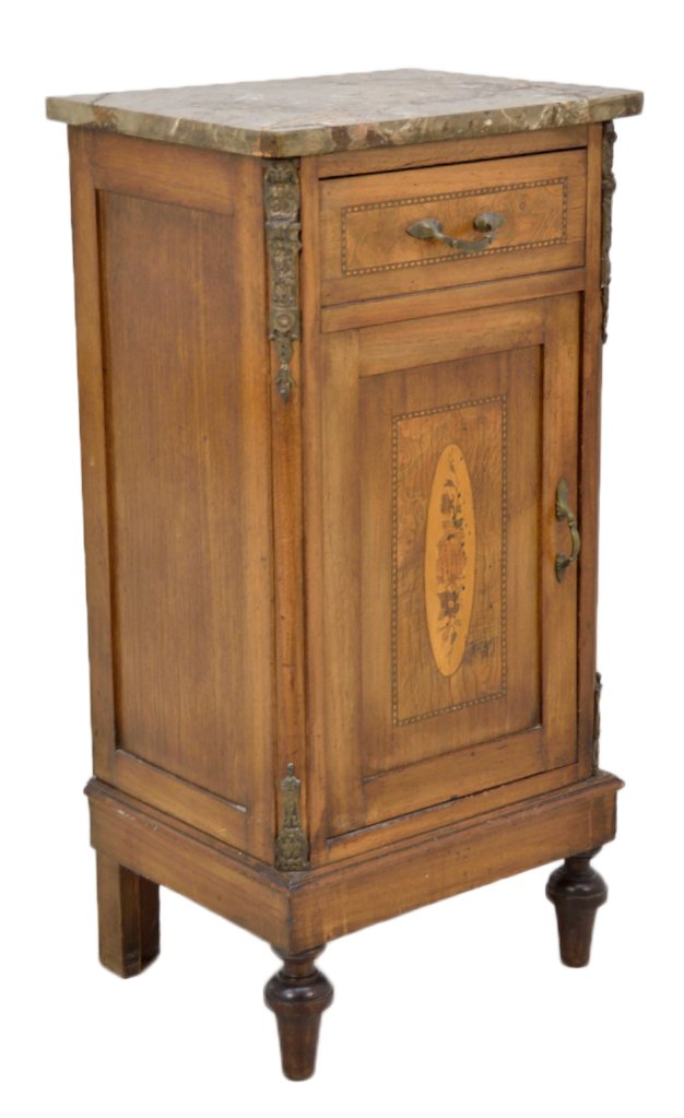 ANTIQUE WALNUT LAMP TABLE: ANTIQUE WALNUT LAMP TABLE Late 19th – Early 20th Century A single door and drawer small cabinet style of raised panel construction, floral marquetry door inlay, raised on turned ball foot with marbl