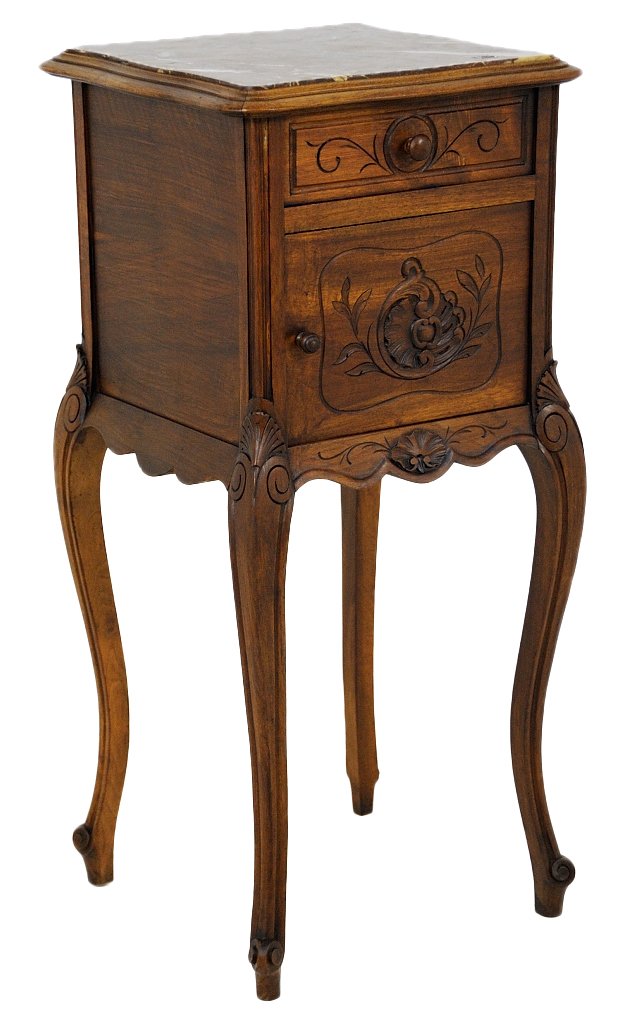 ANTIQUE FRENCH WALNUT LAMP TABLE: ANTIQUE FRENCH WALNUT LAMP TABLE Late 19th - Early 20th Century Louis XV style, single door and drawer with incise carved decorations, scalloped apron of conforming shape, raised on cabriole legs. 35