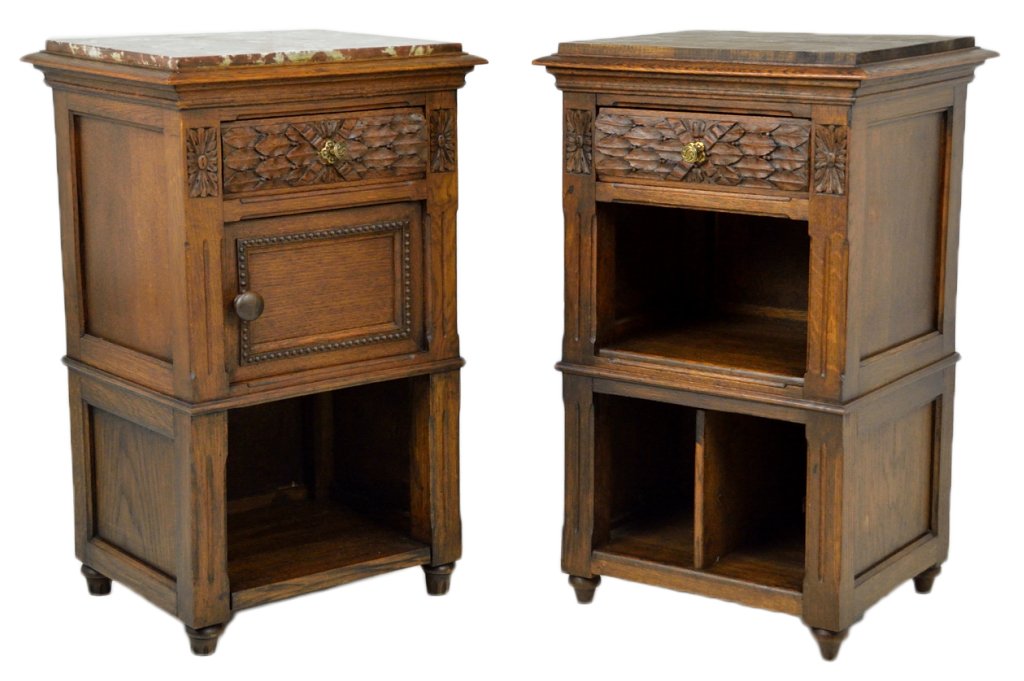 ANTIQUE LOUIS XVI STYLE SIDE CABINETS: ANTIQUE LOUIS XVI STYLE SIDE CABINETS Late 19th - Early 20th Century A coordinating pair of bedside tables or small commodes; both of recessed panel construction, with inset rouge marble tops and laur