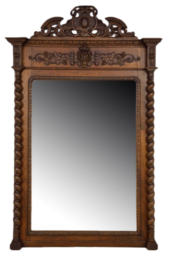 ANTIQUE FRENCH VICTORIAN MIRROR: ANTIQUE FRENCH VICTORIAN MIRROR 19th Century Solid Walnut; Large rectangular view with edge carved detail, flanked by spiral turned posts, stepped block and rosette with crown mold capping each. A car