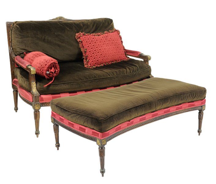 LOUIS XVI STYLE SETTEE AND FITTED OTTOMAN: LOUIS XVI STYLE SETTEE AND FITTED OTTOMAN 20th Century Partial gilt and stained frame with acanthus carved detail, raised on turned and carved leg, together with the matching, fitted ottoman. Settee: 