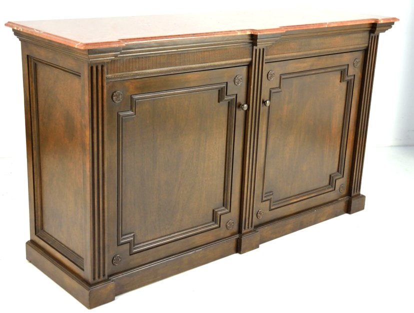 LOUIS XVI STYLE MARBLE AND WALNUT SIDEBOARD: LOUIS XVI STYLE MARBLE AND WALNUT SIDEBOARD 20th Century Reeded pilasters seperate the double doors with recessed panels and corner rosettes. The stepped crown supports a conforming salmon marble top.