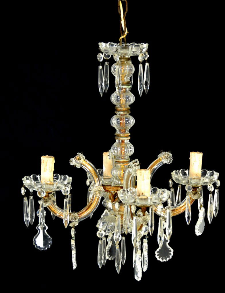 VINTAGE MARIA TERESA CRYSTAL CHANDELIER: VINTAGE MARIA TERESA CRYSTAL CHANDELIER Mid 20th Century 4 lite; a petite bent glass rod frame dressed with facet cut crystal prisms and scalloped pendulx, all hung from facet cut hexigon beads and wi