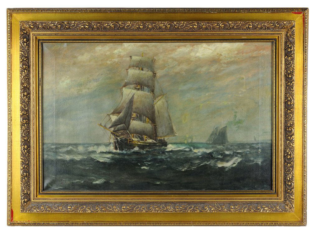 William Frederick PASKELL (1866-1951)Ca. 1900 "Sail: William Frederick PASKELL (1866-1951)Ca. 1900 "Sailing Ship" Oil on canvas. Signed T. Bailey, housed in an appropriate gilt wood frame. W.F. Paskell, also known as T BAILEY or H.H. HOWE; Active around