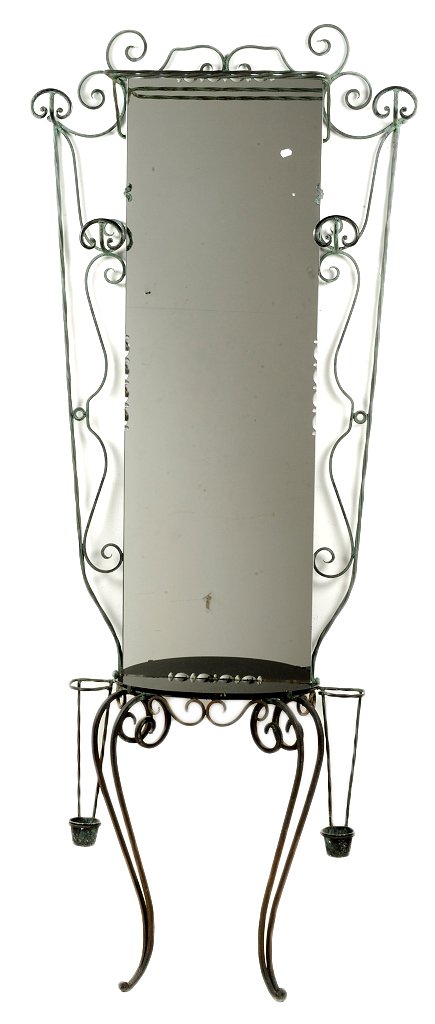 ANTIQUE FRENCH BRONZE HALL STAND: ANTIQUE FRENCH BRONZE HALL STAND 1st quarter 20th Century Ornate scrolling bronze frame surrounds a large rectangular mirror with small semi circular mirrored shelf below, with umbrella holders flanki
