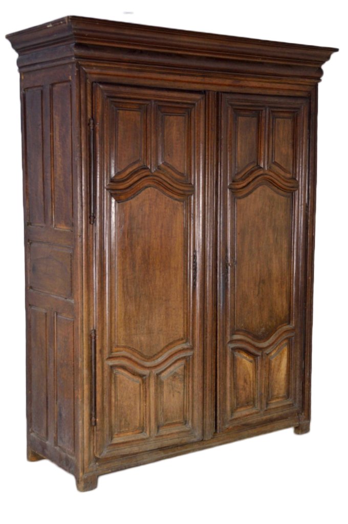 18TH CENTURY LOUIS XIII STYLE WALNUT ARMOIRE: 18TH CENTURY LOUIS XIII STYLE WALNUT ARMOIRE Solid Walnut; raised panel construction, beveled edge panels with deep molded frames, picture frame face mold surrounding two five panel doors with iron hi