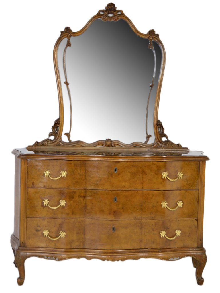 VENETIAN BURLED WALNUT COMMODE: VENETIAN BURLED WALNUT COMMODE Early 20th Century Three drawers with serpentine shaping, bronze dore hardware, raised on shaped base with cabriole feet, optional ornately framed mirror. 36 x 58½ x 24