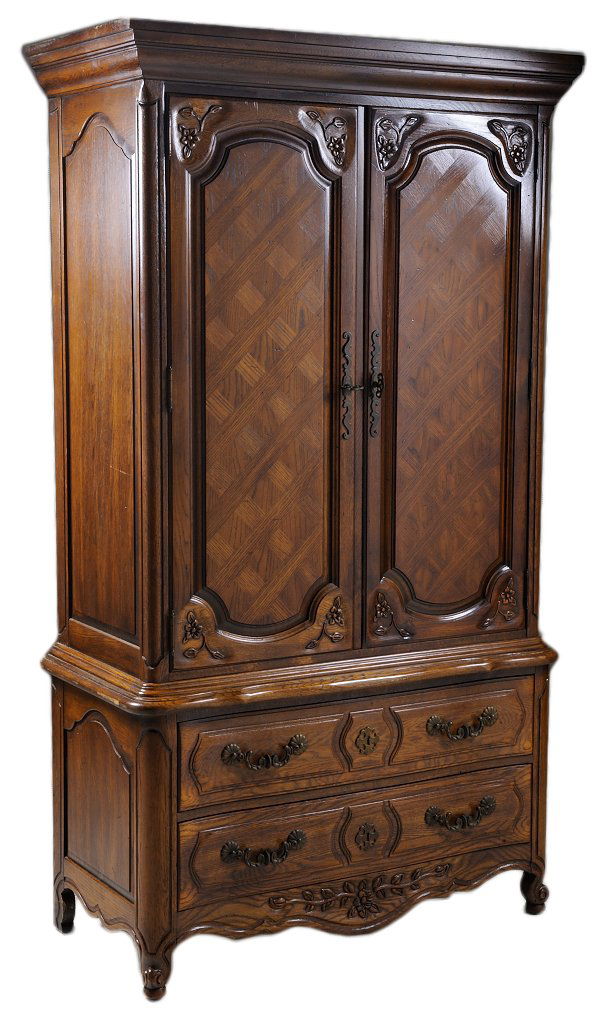 THOMASVILLE LOUIS XV STYLE ARMOIR: THOMASVILLE LOUIS XV STYLE ARMOIR 20th Century A double drawer base with shaped apron, cabriole feet and carved accents. The upper cabinet with shaped parquet panels and carved accents with step molde