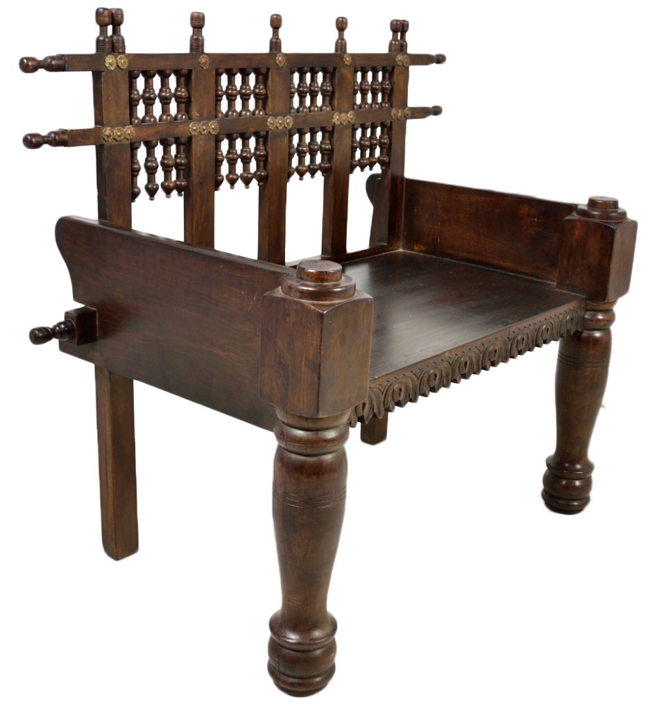 ANTIQUE TEAK CAMEL CART SETTEE: ANTIQUE TEAK CAMEL CART SETTEE 19th Century camel seat converted into a double seat settee 40 x 45½ x 19½ inches