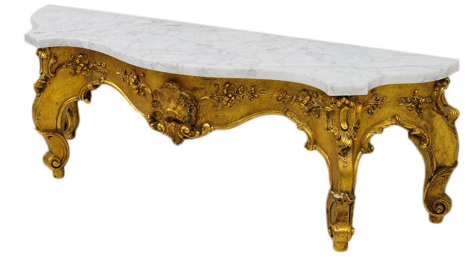 LOUIS XV STYLE GILT WOOD CONSOLE: LOUIS XV STYLE GILT WOOD CONSOLE 20th Century A small low shapely console, possibly part of a pier mirror set, curvaceous apron with relief molded floral and fauna decoration, raised on cabriole feet 