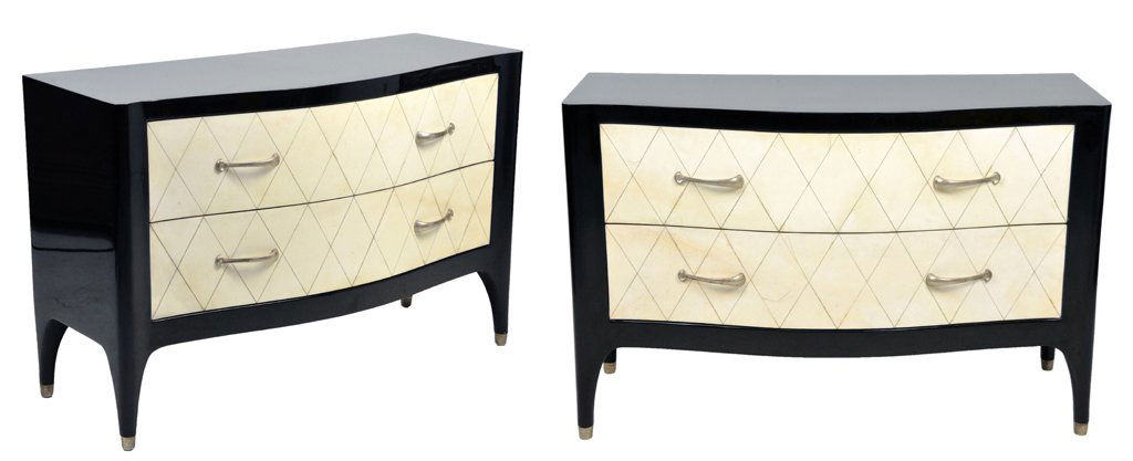 A PAIR OF JEAN MICHEL FRANK STYLE COMMODES 20th Cen: A PAIR OF JEAN MICHEL FRANK STYLE COMMODES 20th Century The pair of high gloss lacquer cabinets with serpentine fronts each house two drawers featuring goatskin fronts with delicate metal inlaid grid