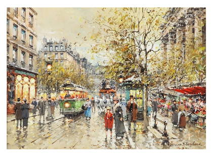 ANTOINE BLANCHARD, French. (1910-1988). Famous for: ANTOINE BLANCHARD French. (1910-1988). Famous for Parisian street scenes. ""LA MADELEINE"" Impressionistic oil on canvas. Signed lower right and on verso. Very good condition. Attractively matted and