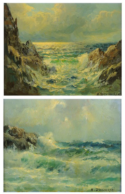 ALEXANDER DZIGURSKI , American / Serbian (1911-1995: ALEXANDER DZIGURSKI American / Serbian (1911-1995). ""TIDE AND ROLLING SEAS"" Oil on canvas. Both signed ""A. Dziguurski"". Very good condition. Attractively framed. 9"" x 11"" inches (22.9 X 27.9 cm)