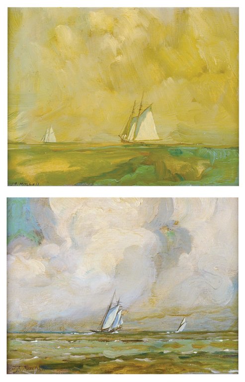 JAMES A . MITCHELL III , American, 1932-, "SHIPS IN: JAMES A . MITCHELL III American, 1932- ""SHIPS IN THE SEA"" A pair of oil on panel. Both signed J. A. Mitchell. Very good condition. Attractively framed. 9 x 11 inches (22.9 x 27.9 cm). 8½ x 10½ inc