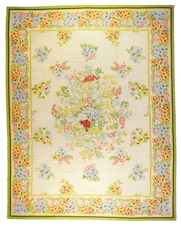 A RARE PORTUGUESE NEEDLEPOINT RUG Portugal, Mid 20: A RARE PORTUGUESE NEEDLEPOINT RUG Portugal, Mid 20th Century, Provenance: Carolyn Farb A lovely composition of naturalistic floral garlands inspired by the great Aubusson and Savonnerie carpets of Fra