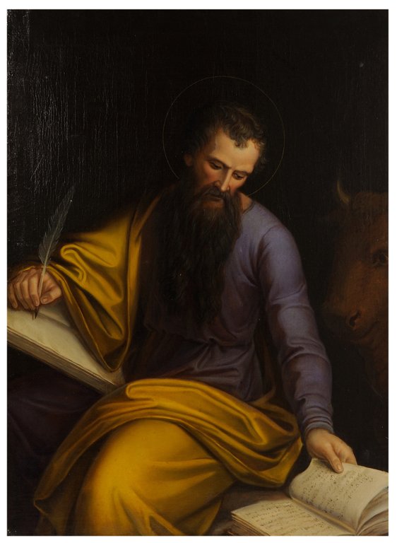 FRIEDRICH HOHFELDER , German, (1821-1905)., "SAINT: FRIEDRICH HOHFELDER German, (1821-1905). ""SAINT LUKE"" Oil on canvas. Signed on verso ""Friedrich Hohfelder 1859"". Very good condition. 34½ x 25¾ inches (87.6 x 65.4 cm).