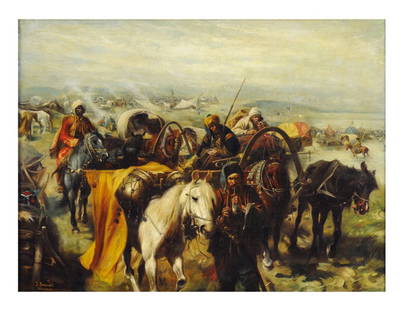 JOSEF VON BRANDT (LATER) , Polish, (1841 - 1915).,: JOSEF VON BRANDT (LATER) Polish, (1841 - 1915). "" ENCAMPMENT WITH HORSES"" Polish school. Oil on canvas. Brandt studied in Warsaw at JN Leszczynki and the Noblemen's Institute as an engineer. In 1858