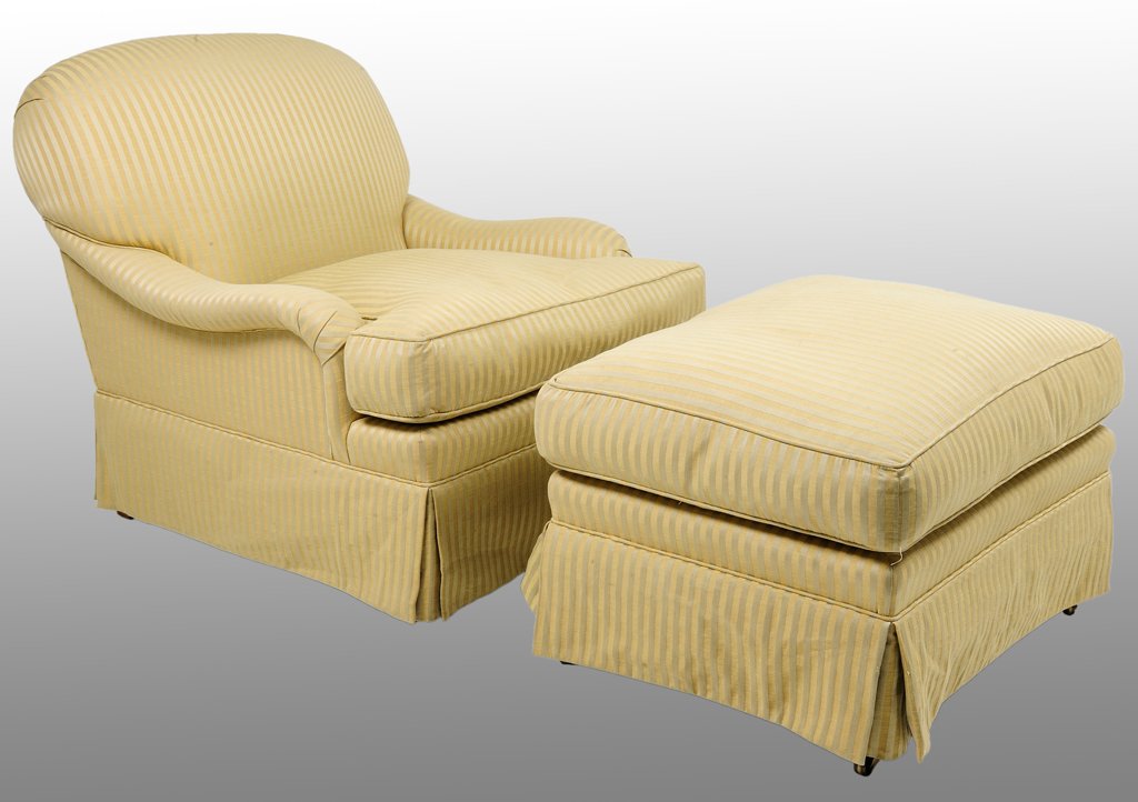 A SWAIM ENGLISH ROLL ARM CLUB CHAIR AND OTTOMAN 21: A SWAIM ENGLISH ROLL ARM CLUB CHAIR AND OTTOMAN 21st Century The English roll arm design which was a stable of any English Country House is a perfect example of the comfort of fully upholstered furnit