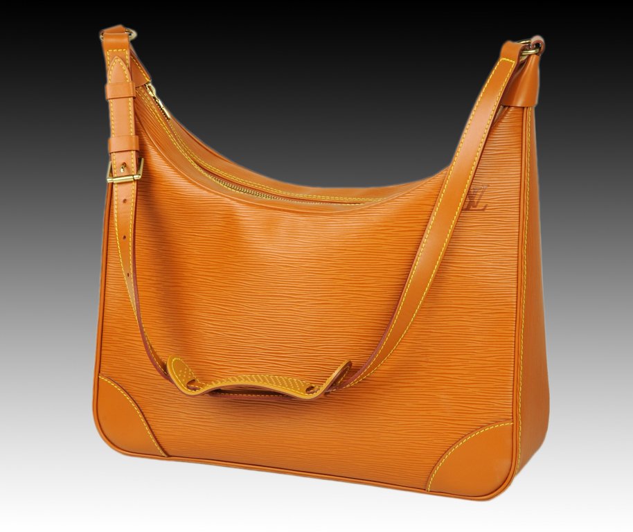 LOUIS VUITTON "EPI LEATHER - BOLOGNE" (SPECIAL ORD: LOUIS VUITTON ""EPI LEATHER - BOLOGNE"" (SPECIAL ORDER BAG) Adjustable strap, zipper closure. Light caramel/orange. Very good condition. 14 x 14 x 5 1/2 inches (35.5 x 35.5 x 13.79 cm).